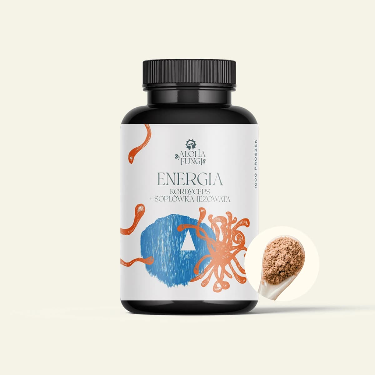 Czarny słoik proszku Aloha Fungi Energia (kordyceps i soplówka jeżowata) z białą etykietą, obok łyżka proszku.
